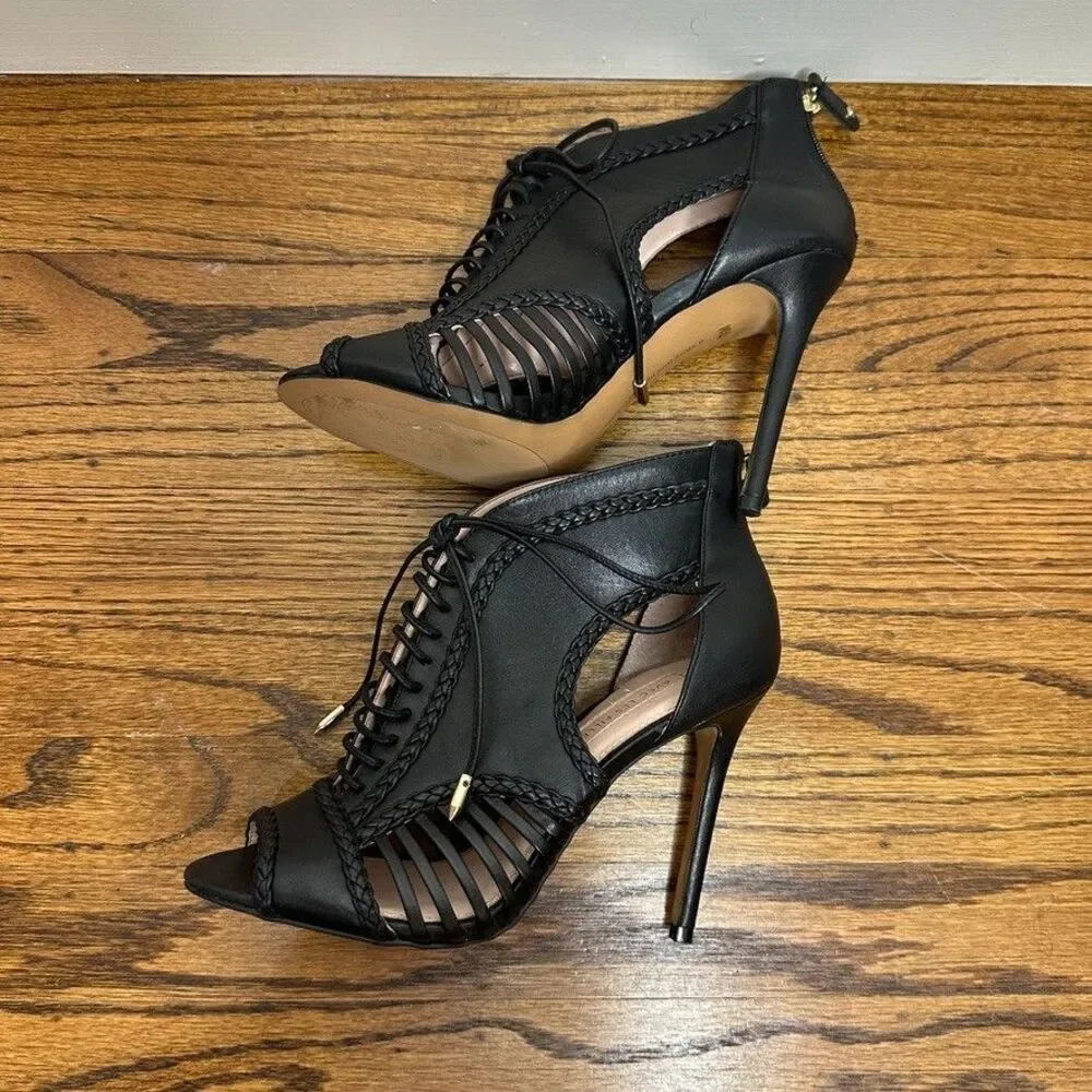 Avec Les Filles Joyce Black‎ Leather Lace Up Bootie Heel Size 7.5M